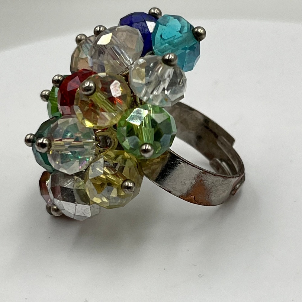 Vintage Multicolor Faceted Crystal Cluster Ring Silver Tone Statement Cocktail - Picture 3 of 6